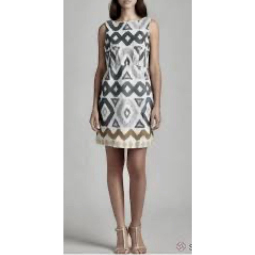 Lafayette 148 Ny Dress 8 Ikat Gray Gold Linen Sleeveless Career Church